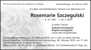 Traueranzeige von Rosemarie Szczegulski von Schwäbische Post