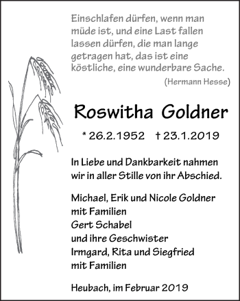 Traueranzeige von Roswitha Goldner von Gmünder Tagespost