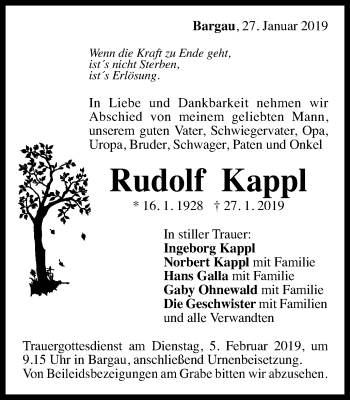 Traueranzeige von Rudolf Kappl von Gmünder Tagespost