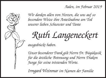 Traueranzeige von Ruth Langeneckert von Schwäbische Post