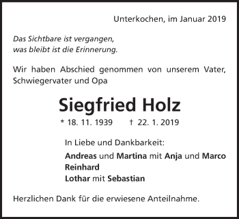 Traueranzeige von Siegfried Holz von Schwäbische Post