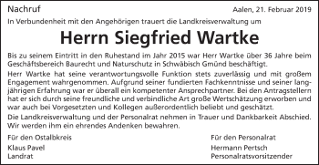Traueranzeige von Siegfried Wartke von Gmünder Tagespost