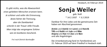 Traueranzeige von Sonja Weiler von Gmünder Tagespost
