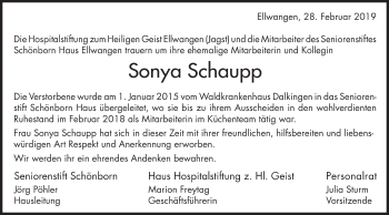 Traueranzeige von Sonya Schaupp von Schwäbische Post