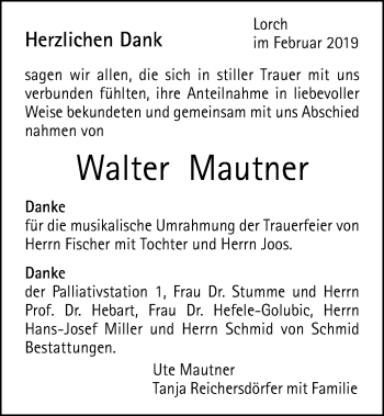 Traueranzeige von Walter Mautner von Gmünder Tagespost