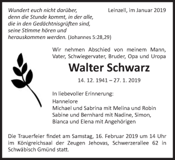 Traueranzeige von Walter Schwarz von Gmünder Tagespost