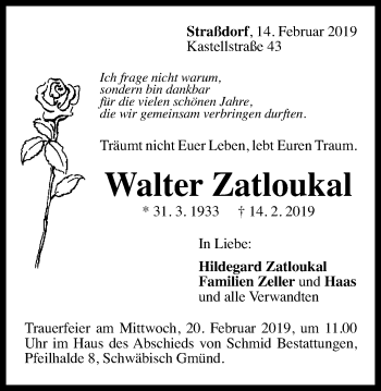 Traueranzeige von Walter Zatloukal von Gmünder Tagespost