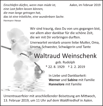 Traueranzeige von Waltraud Weinschenk von Schwäbische Post