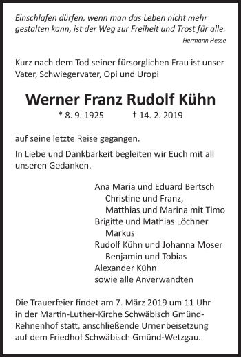 Traueranzeige von Werner Franz Rudolf Kühn von Gmünder Tagespost