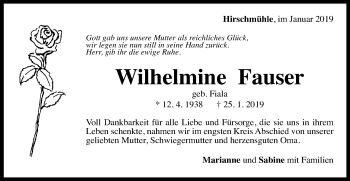 Traueranzeige von Wilhelmine Fauser von Gmünder Tagespost