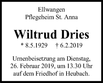 Traueranzeige von Wiltrud Dries von Schwäbische Post