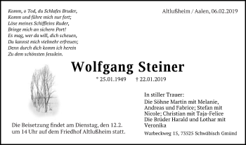 Traueranzeige von Wolfgang Steiner von Schwäbische Post