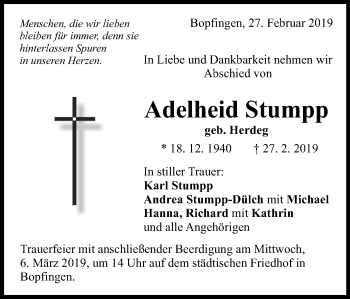 Traueranzeige von Adelheid Stumpp von Schwäbische Post