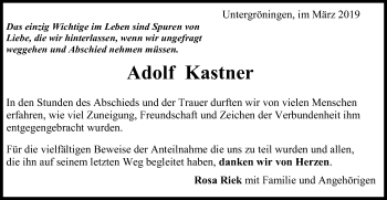Traueranzeige von Adolf Kastner von Kocher-Lein-Bote