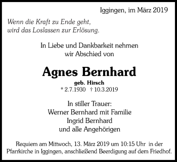 Traueranzeige von Agnes Bernhard von Gmünder Tagespost