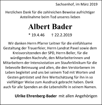 Traueranzeige von Albert Bader