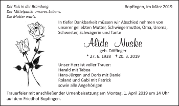 Traueranzeige von Alide Nuske von Schwäbische Post