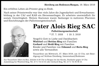 Traueranzeige von Alois Rieg von Gmünder Tagespost