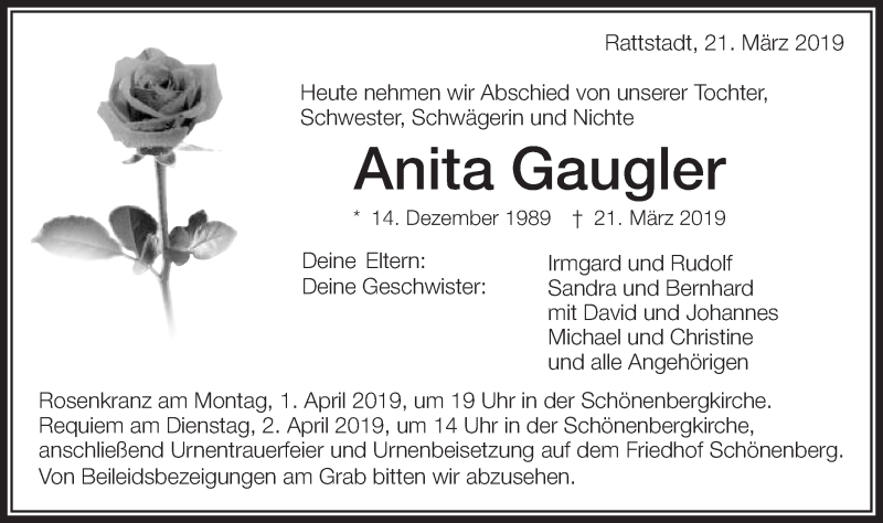  Traueranzeige für Anita Gaugler vom 28.03.2019 aus Schwäbische Post