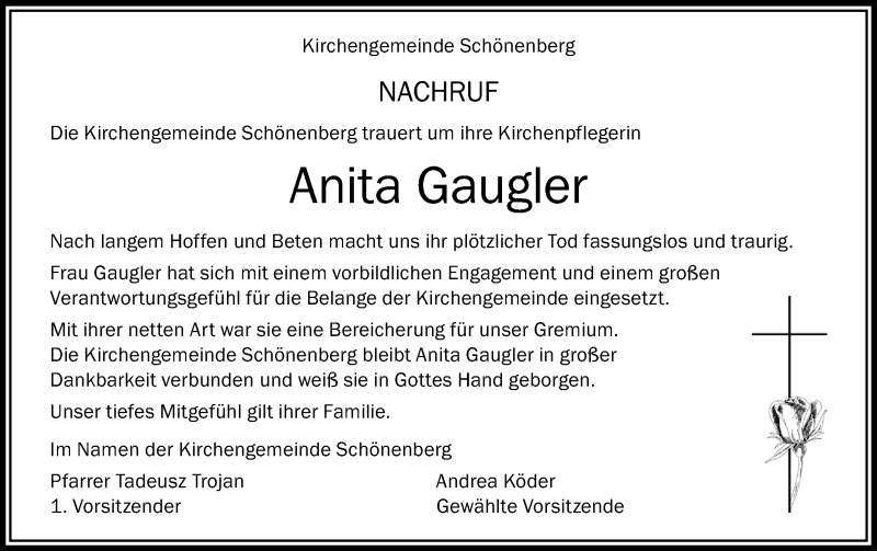  Traueranzeige für Anita Gaugler vom 29.03.2019 aus Schwäbische Post