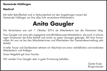 Traueranzeige von Anita Gaugler von Schwäbische Post