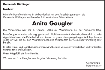 Traueranzeige von Anita Gaugler