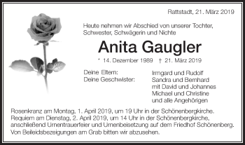 Traueranzeige von Anita Gaugler von Schwäbische Post