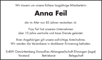 Traueranzeige von Anna Feil von Schwäbische Post