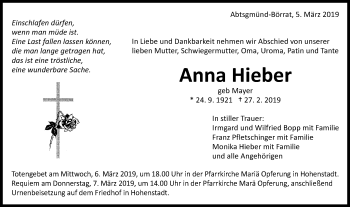 Traueranzeige von Anna Hieber von Schwäbische Post