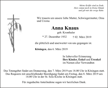 Traueranzeige von Anna Knaus von Schwäbische Post