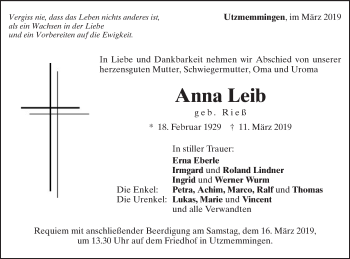Traueranzeige von Anna Leib von Schwäbische Post