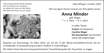 Traueranzeige von Anna Minder von Schwäbische Post