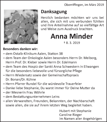 Traueranzeige von Anna Minder von Schwäbische Post