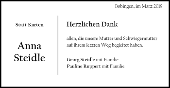 Traueranzeige von Anna Steidle von Gmünder Tagespost