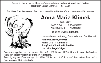 Traueranzeige von Anna Maria Klimek von Schwäbische Post