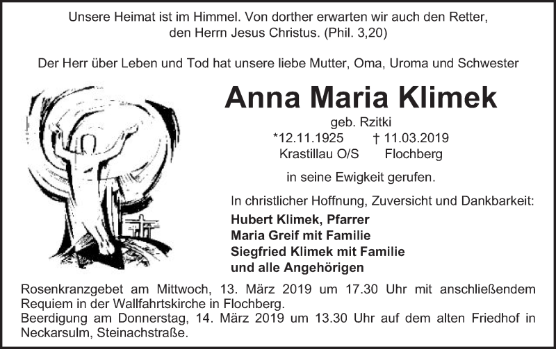  Traueranzeige für Anna Maria Klimek vom 12.03.2019 aus Schwäbische Post