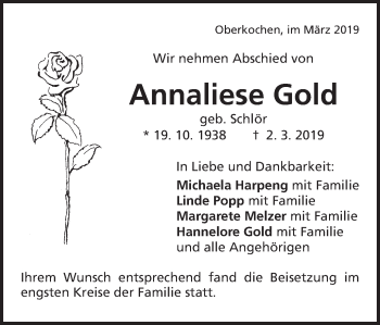 Traueranzeige von Annaliese Gold von Amtsblatt_Oko