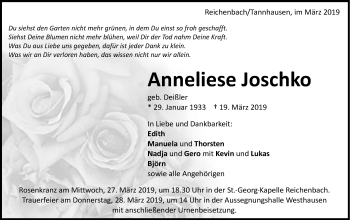 Traueranzeige von Anneliese Joschko von Schwäbische Post