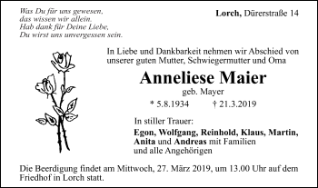 Traueranzeige von Anneliese Maier von Gmünder Tagespost