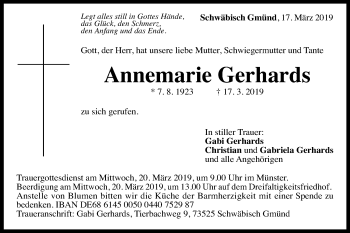 Traueranzeige von Annemarie Gerhards von Gmünder Tagespost