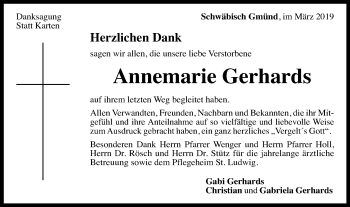 Traueranzeige von Annemarie Gerhards von Gmünder Tagespost