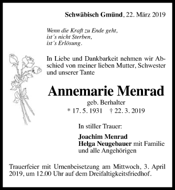 Traueranzeige von Annemarie Menrad von Gmünder Tagespost