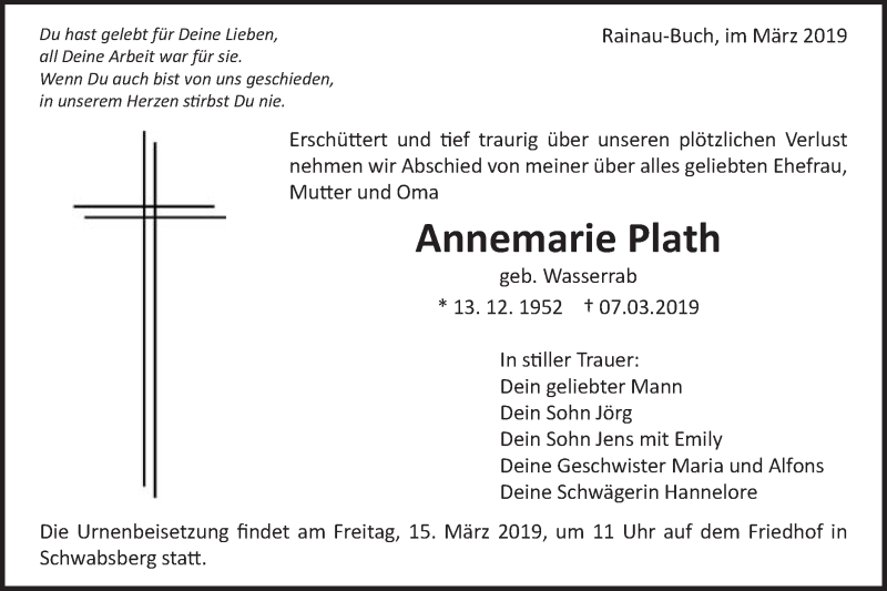  Traueranzeige für Annemarie Plath vom 13.03.2019 aus Schwäbische Post