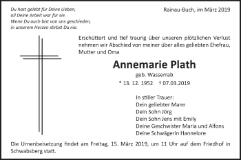 Traueranzeige von Annemarie Plath von Schwäbische Post