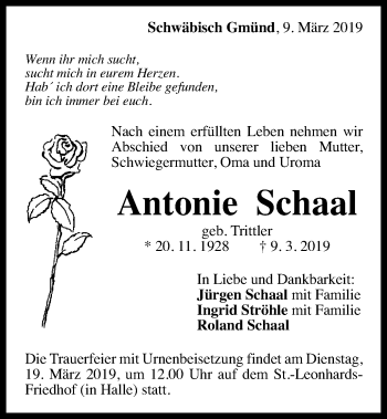 Traueranzeige von Antonie Schaal von Gmünder Tagespost