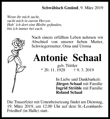 Traueranzeige von Antonie Schaal