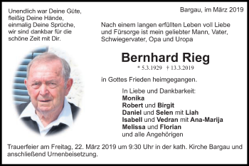 Traueranzeige von Bernhard Rieg von Gmünder Tagespost