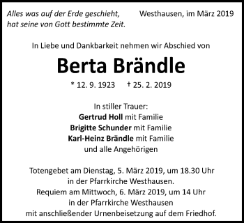 Traueranzeige von Berta Brändle von Schwäbische Post