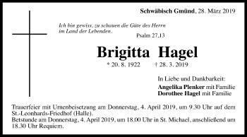 Traueranzeige von Brigitta Hagel  von Gmünder Tagespost
