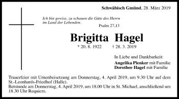 Traueranzeige von Brigitta Hagel 